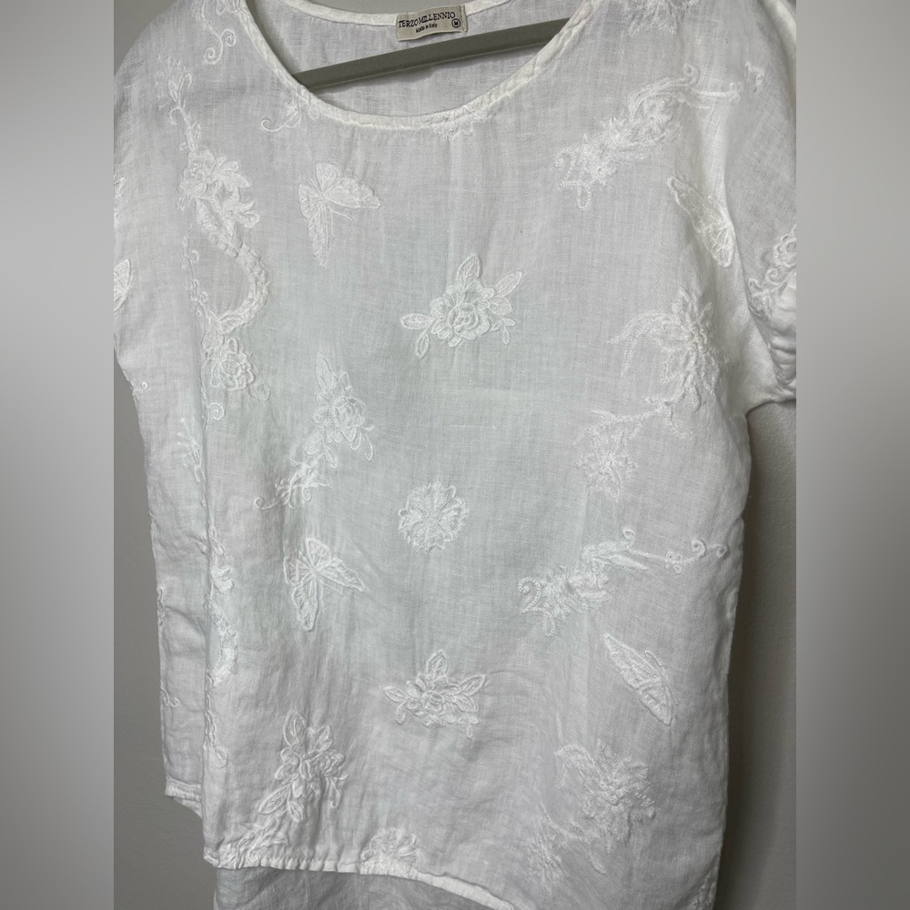 Terzo Millennio 100% Linen Floral Butterfly Embroidered Short Sleeve Top Medium - Picture 4 of 8